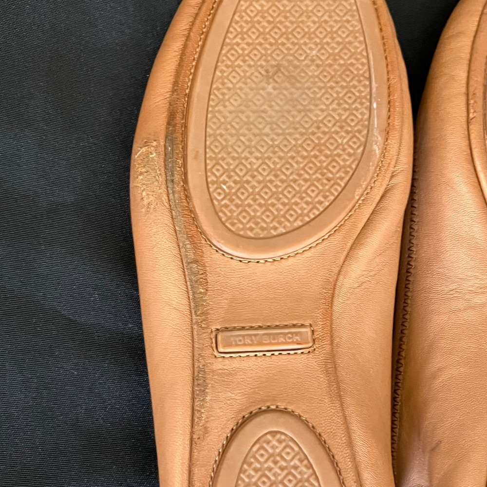 Tory Burch Eleanor Ballet Flats Tan Leather Gold Logo Round Toe Women Size 9 - Picture 9 of 11
